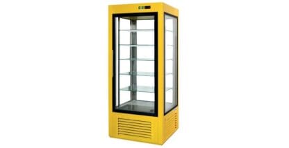 преміальна кондитерська холодильна шафа Atena від Cold з чотиристороннім склінням жовтого кольору та LED-підсвіткою